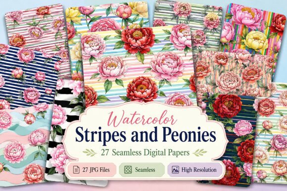 Download Watercolor Stripes and Peonies Pattern - Stripes Collection